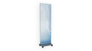 A tall, rectangular digital display screen on a wheeled base, showing a light blue abstract design on a white background.