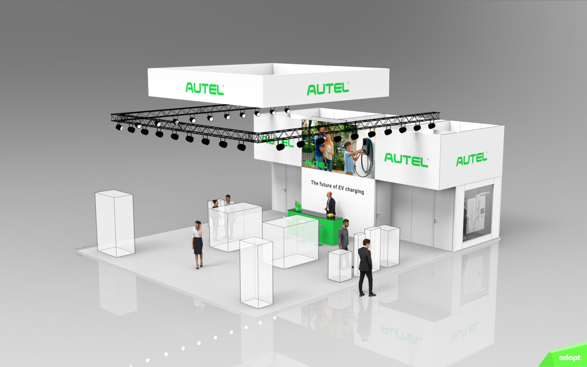 A 3D rendering of a modern exhibition booth with AUTEL branding, a reception desk, large displays, people interacting, and a slogan reading The future of EV charging against a clean, white background.