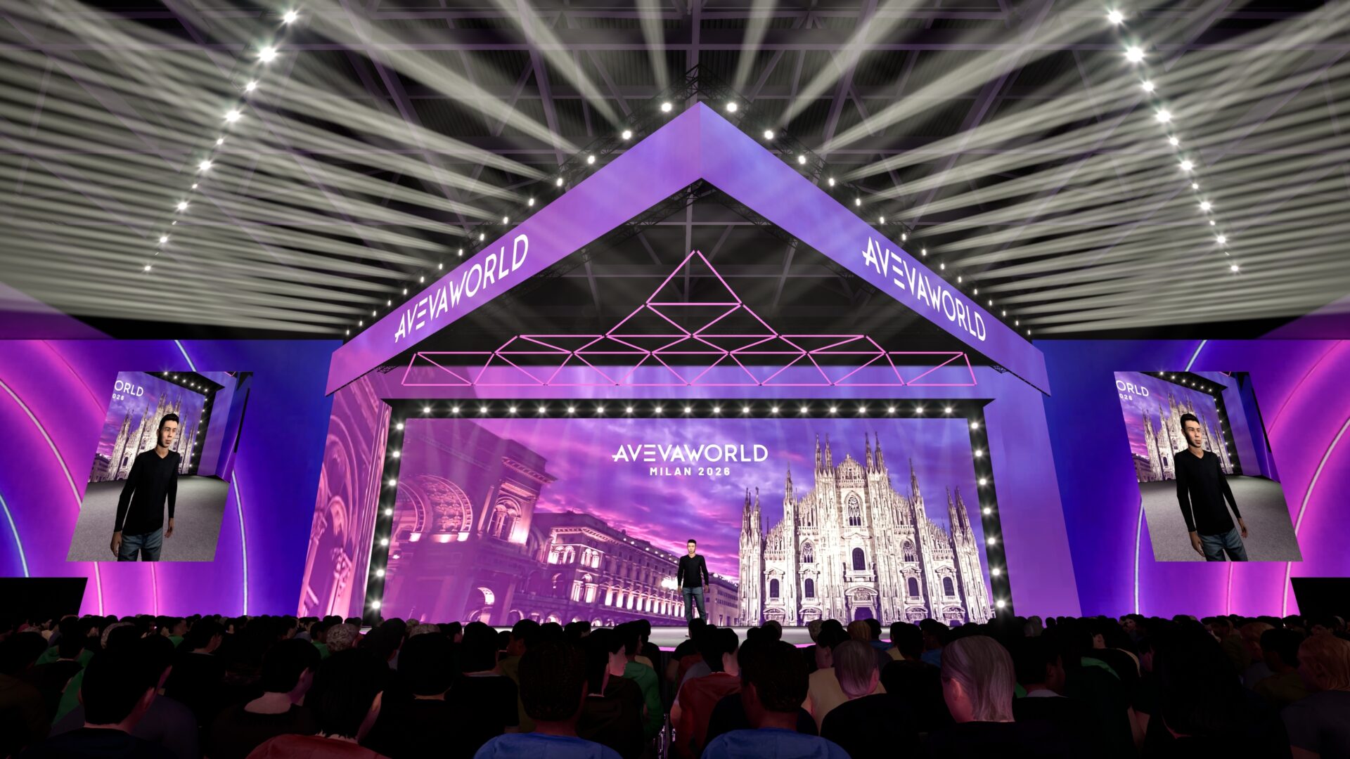 A speaker stands on a brightly lit stage at AVEVA World Milan 2023, with a large screen displaying Milan landmarks and an audience watching. The stage is decorated with purple lighting and geometric designs.