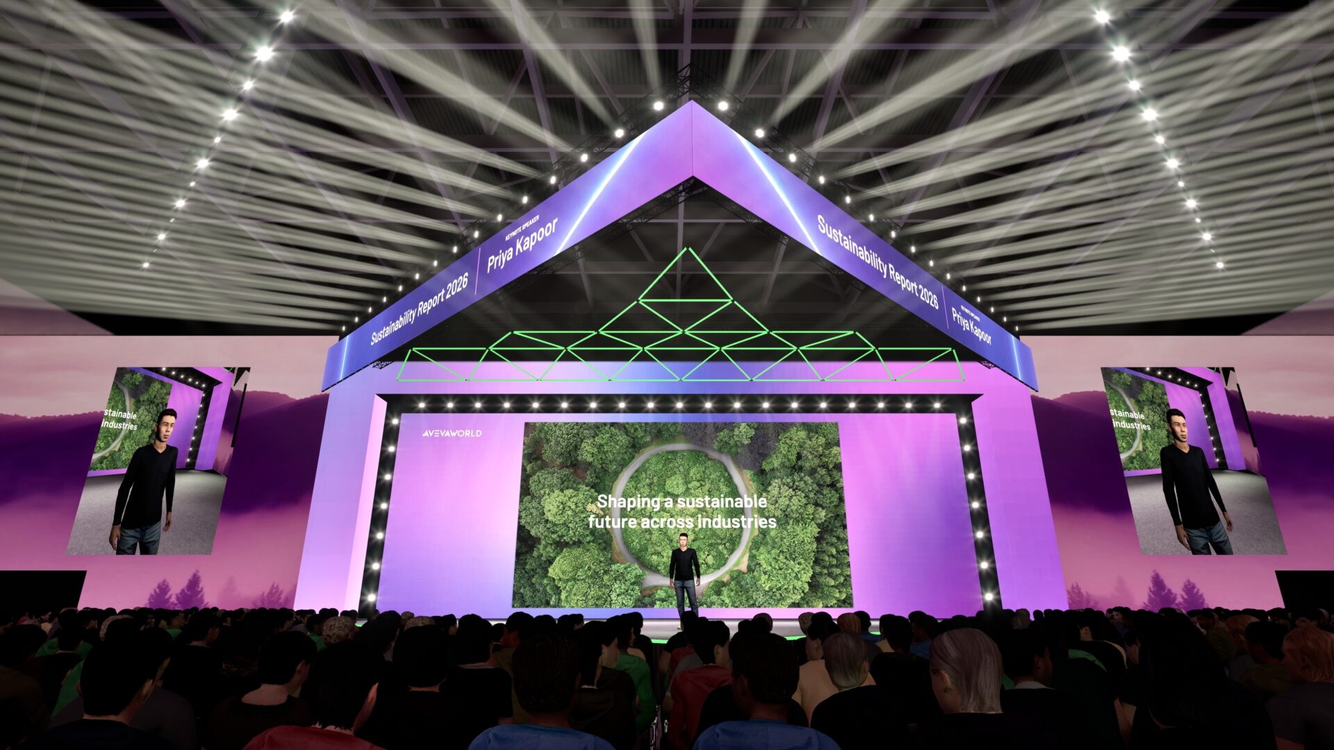A speaker stands on a large, futuristic stage with purple lighting, geometric shapes, and screens displaying Shaping a sustainable future across industries to an audience. Two vertical screens show the speakers image.