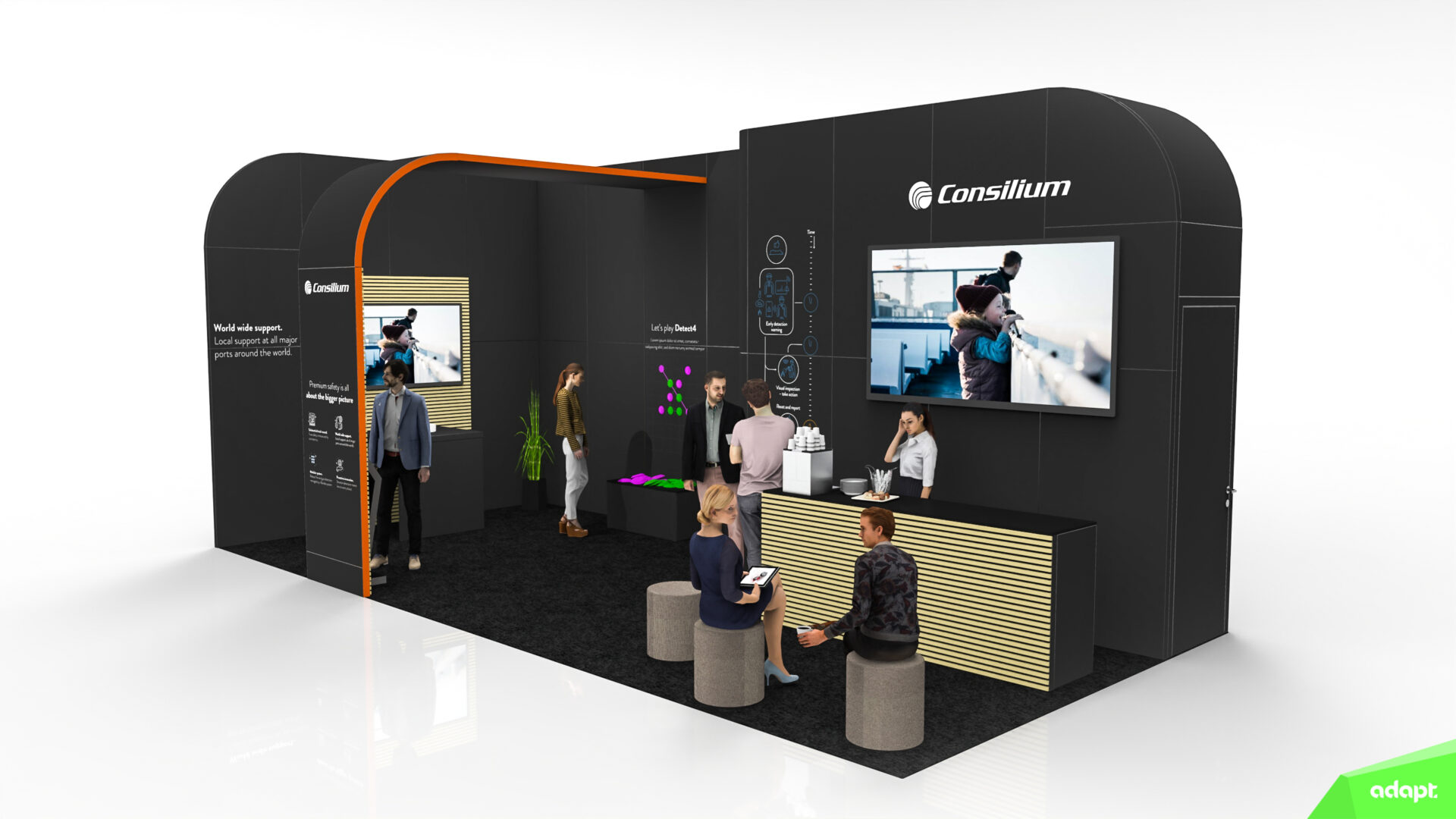 A modern exhibition booth for Consilium with black walls, digital screens, and informational displays. Several people interact and sit on stools, while a staff member stands behind a counter. The overall atmosphere is professional and welcoming.