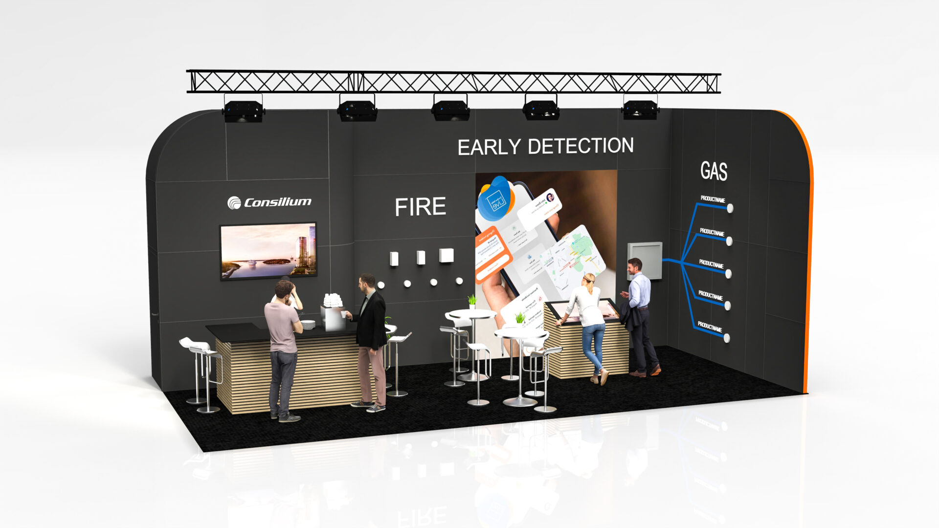 A modern exhibition booth features Consilium branding, a counter with people interacting, display screens, and graphics highlighting “EARLY DETECTION” of fire and gas. Four people are present, engaging with technology and displays.