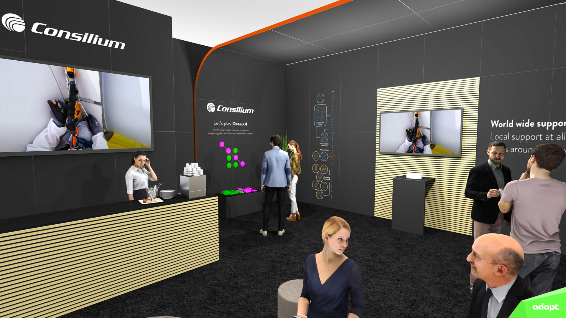 A modern exhibition booth with people talking and interacting. The booth features Consilium branding, digital screens, a coffee station, and informational displays on dark walls with wood accents.