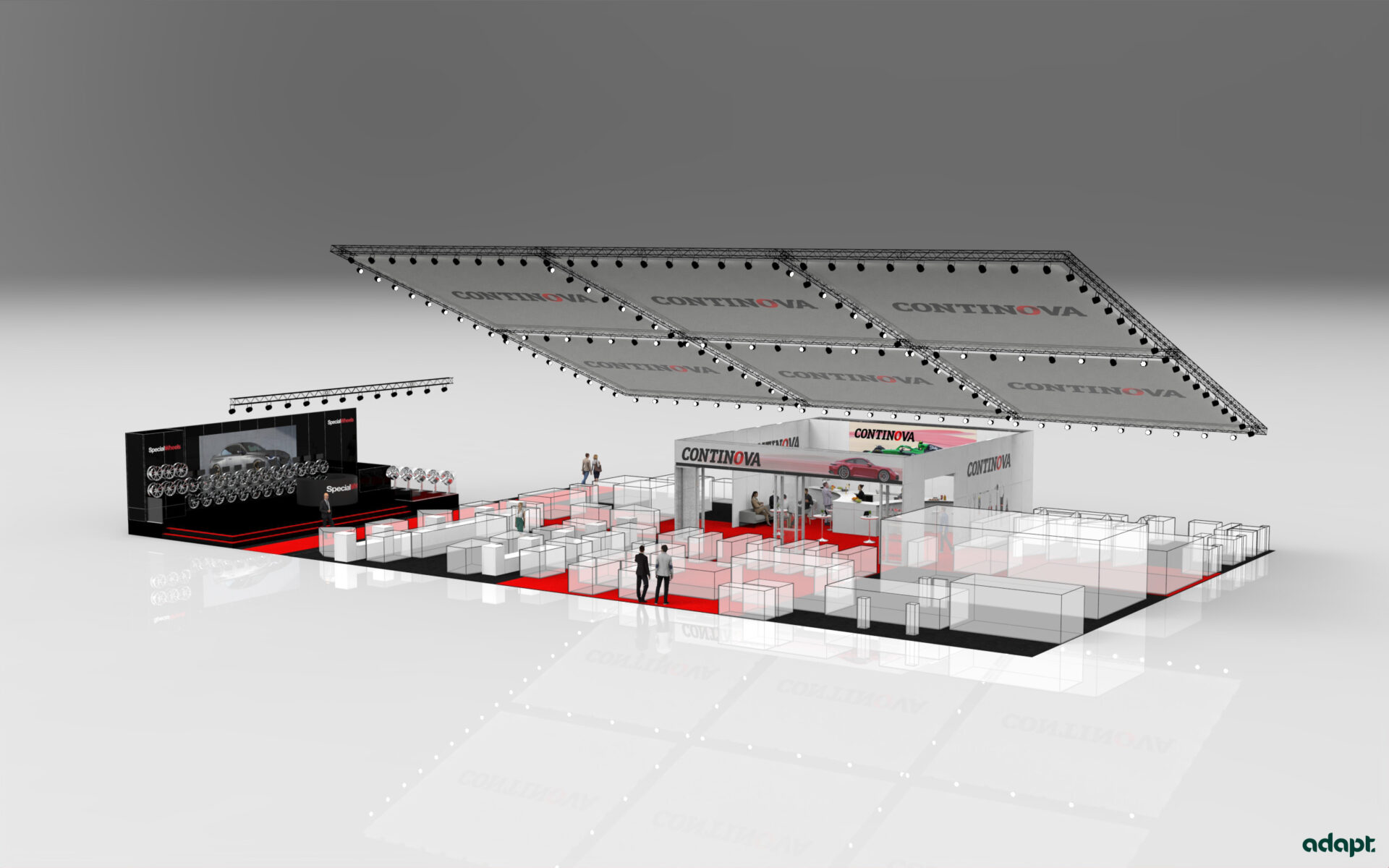 3D rendering of a spacious exhibition booth for CONTINOVA, featuring modern seating areas, display stands, a central reception, large branded canopy, and people interacting throughout the open, well-lit space.