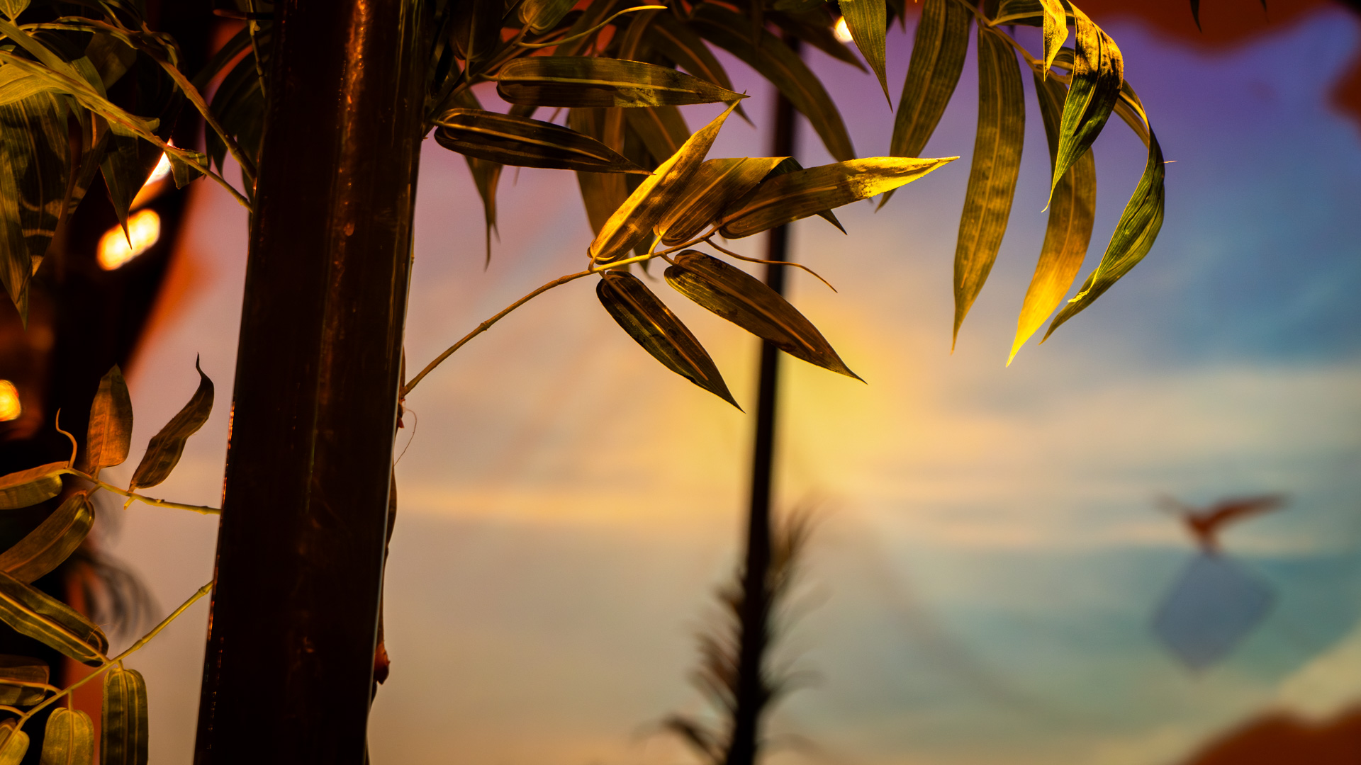 Close-up of green palm leaves with warm sunlight shining through them. The background is softly blurred with a sunset sky and a small silhouette of a flying bird.