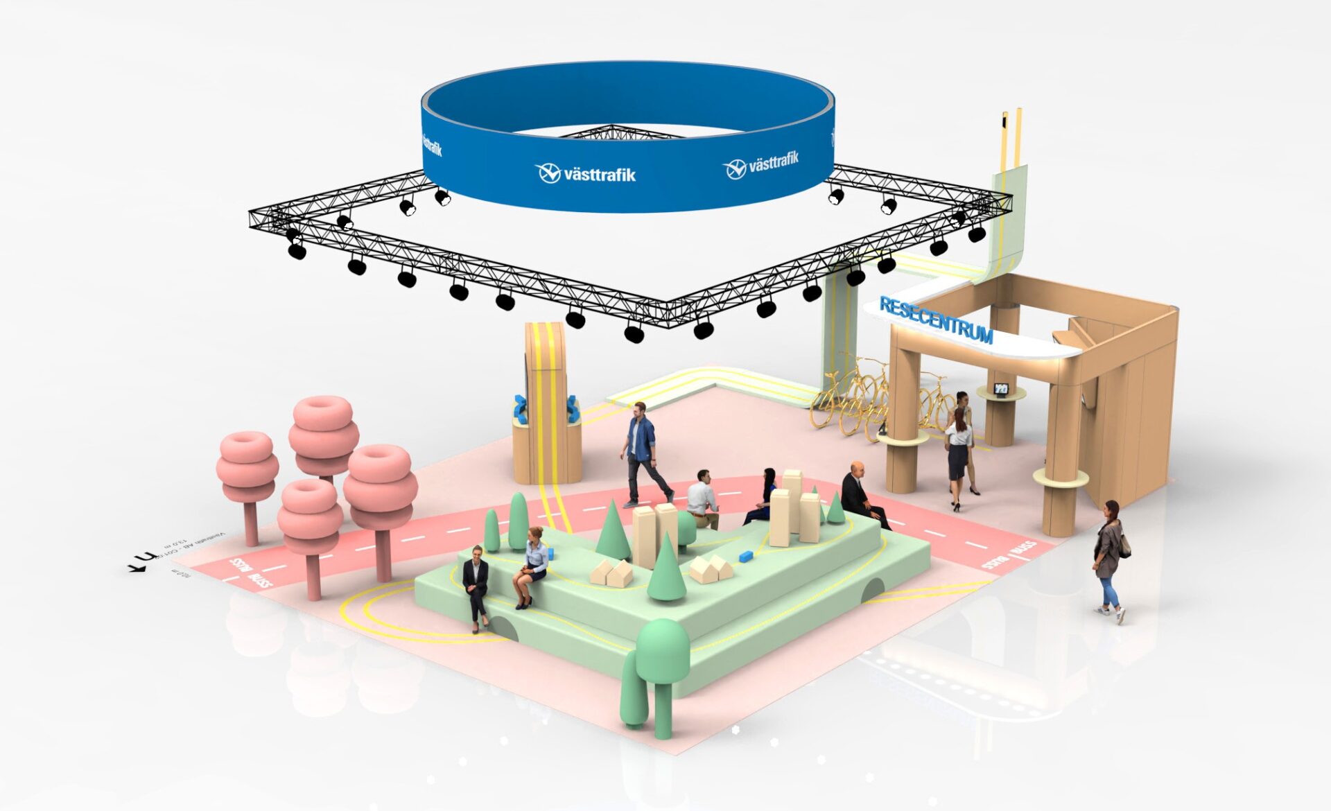 3D-rendered scene of a public exhibition space with people walking, pink trees, green benches, and a blue circular sign overhead. A booth labeled Resecentrum is to the right. Paths and decorative elements surround the area.